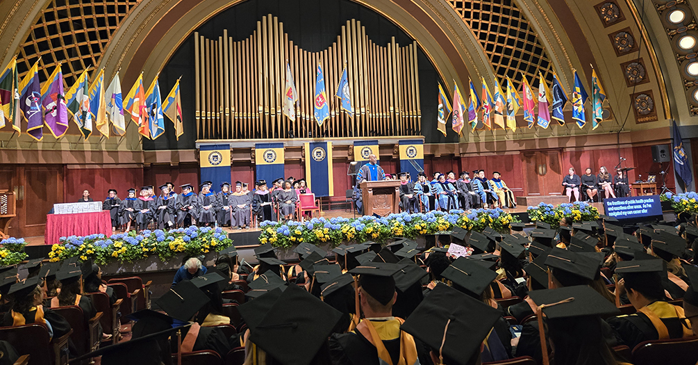 Students from the University of Michigan School of Public Health Class of 2024 in Hill Auditorium for graduation. 