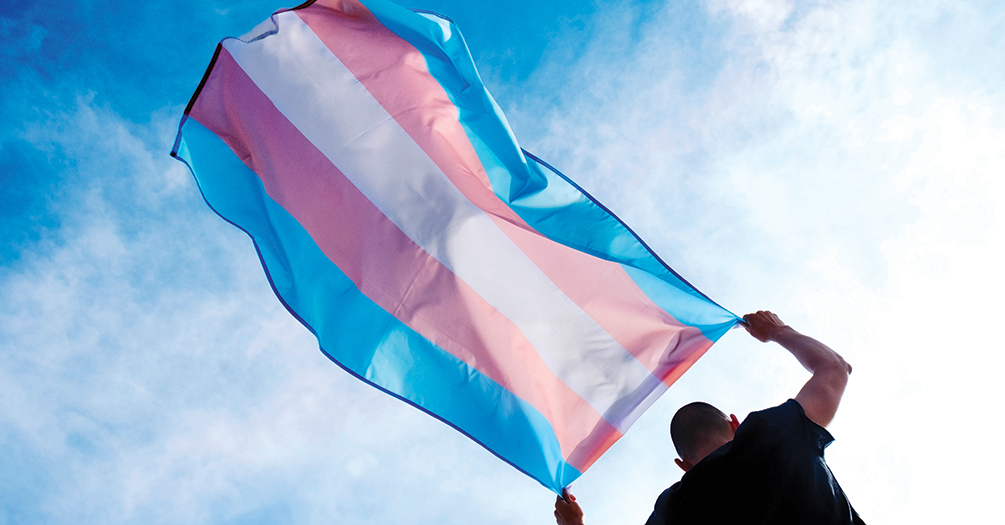 A young person flies a transgender flag
