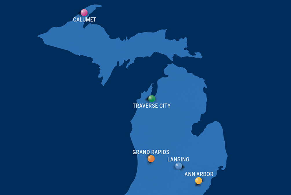 Map of Michigan with dots for the cities Calumet, Grand Rapids, Ann Arbor, Traverse City and Lansing 