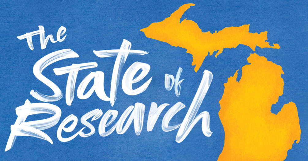 Map of the stet of Michigan with the words "The State of Research"