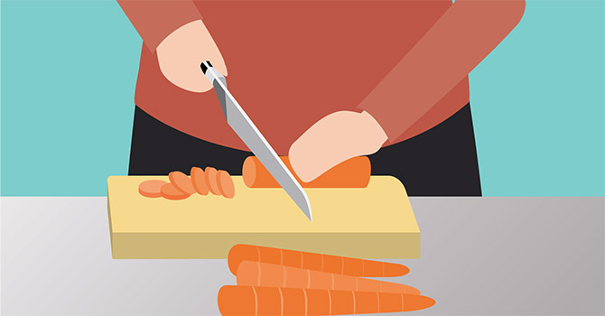 Illustration of a person cutting carrots on a cutting board.