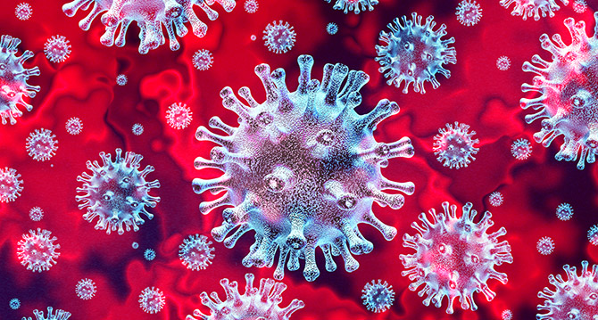 Red and Blue graphic image of coronaviruses.