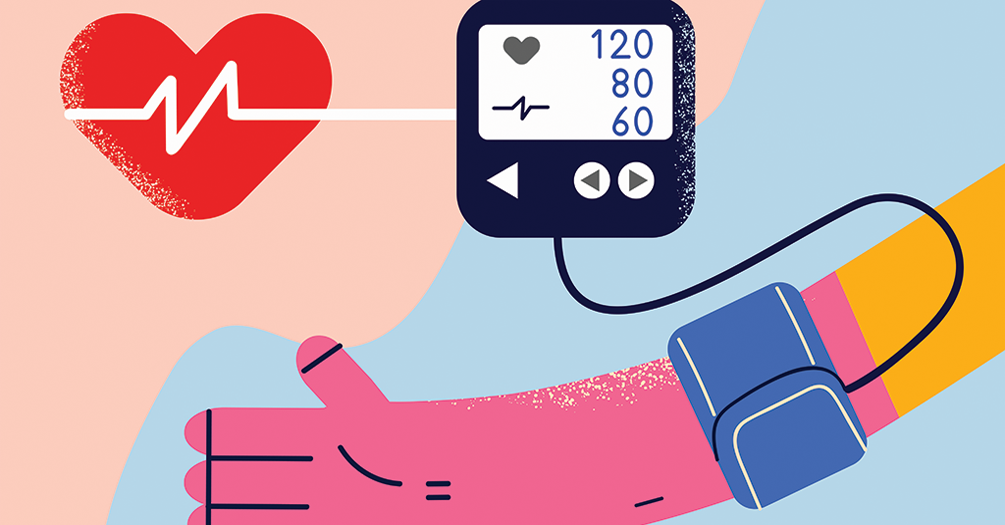 An illustration of an arm with a blood pressure monitor.