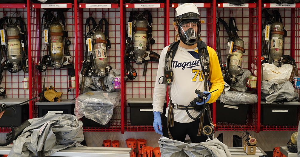 Chenxi Sun, MPH ’20, prepares to participate in the 40-hour Hazardous Waste Operations and Emergency Response, or HAZWOPER, training program in the winter of 2020.