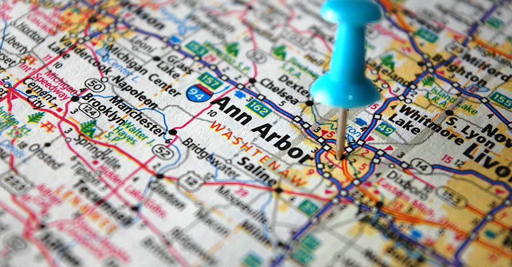 A map of Ann Arbor, Michigan and the surrounding area. Ann Arbor has a blue push pin placed in the map.