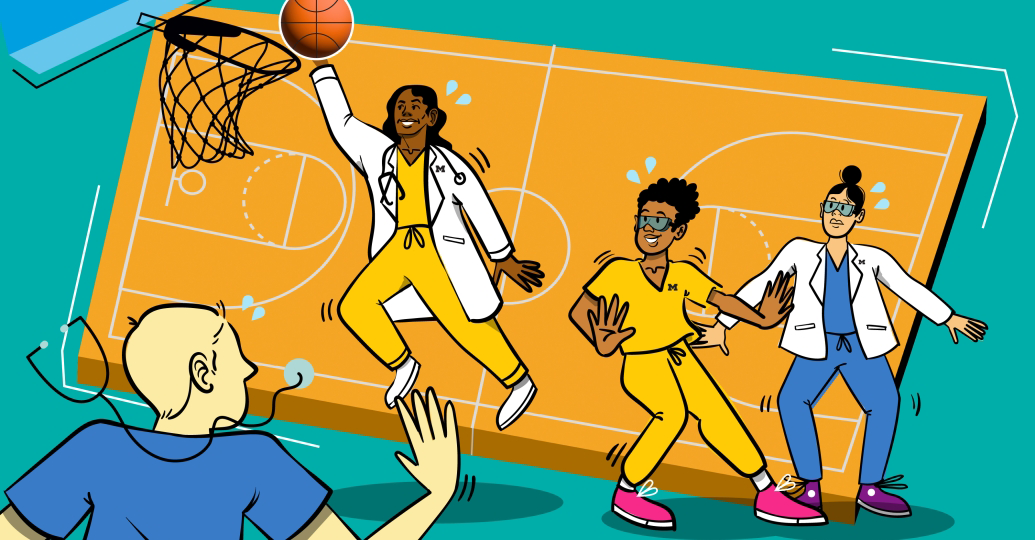 Illustration of medical professionals playing basketball.