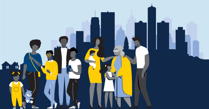 illustration of a group of people and the Detroit skyline