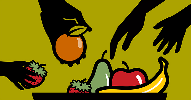 illustration of hands reaching for and removing fruit from a small bowl