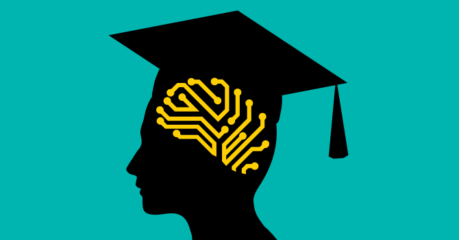 A silhouette of a person wearing a graduation cap and their brain highlighted.