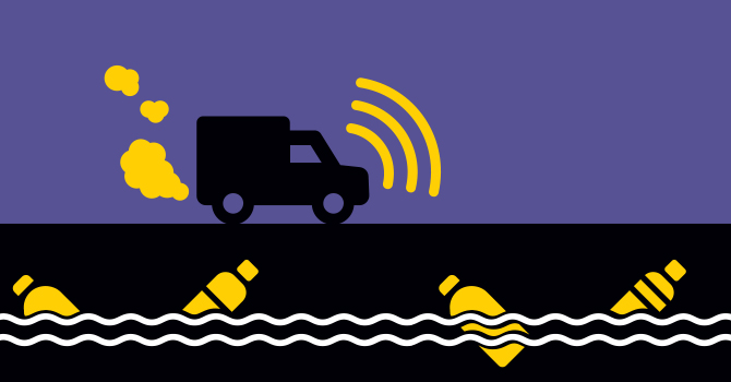 illustration of a delivery truck driving through a polluted environment
