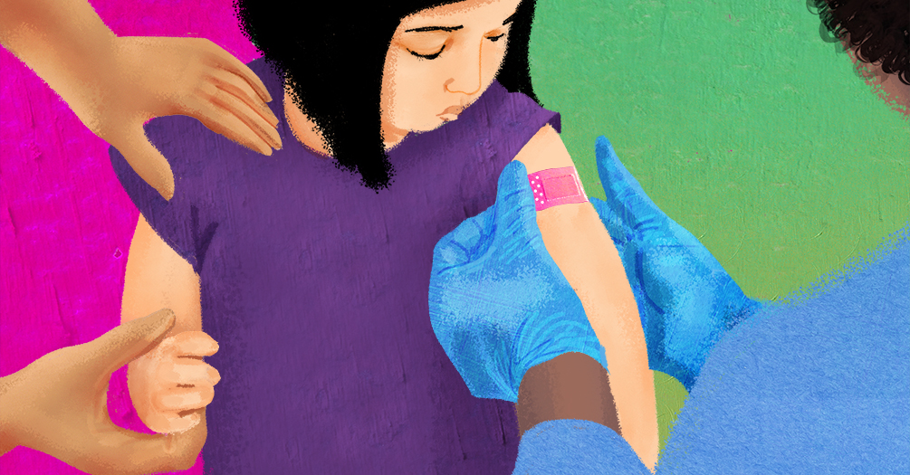 Illustration of a medical professional putting a bandaid on a child's arm.