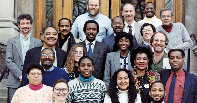 Presenters and other participants in the University of Michigan’s Conference on Race and the Incidence of Environmental Hazards in front of the Dana Building, 1990.