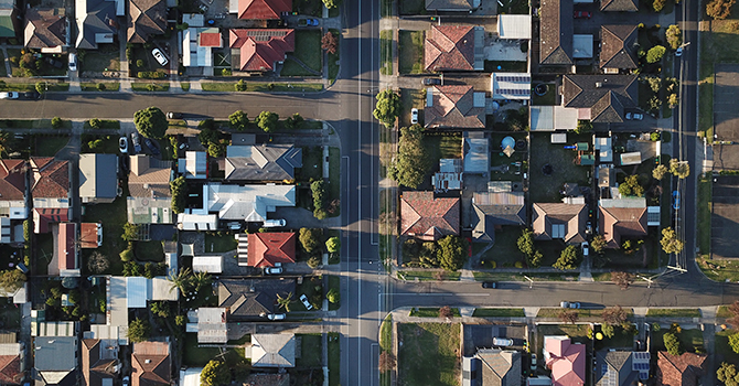 Overhead photograph of a suburb.
