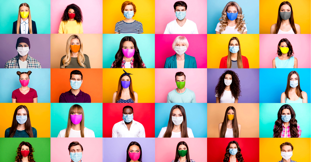 People in a grid with colorful backgrounds, all wearing masks
