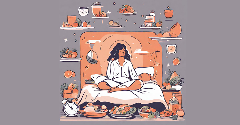 An illustration of a woman waking up from restful sleep, with nutritious food floating around her.